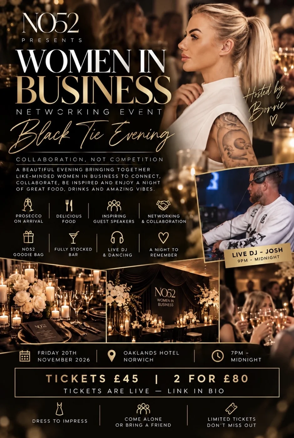 Poster for the NO52 Women in Business black tie networking evening, hosted by Bonnie, on Friday 20 November 2026 at the Oaklands Hotel, Norwich, 7pm to midnight, tickets £45 or two for £80, with a live DJ from 9pm