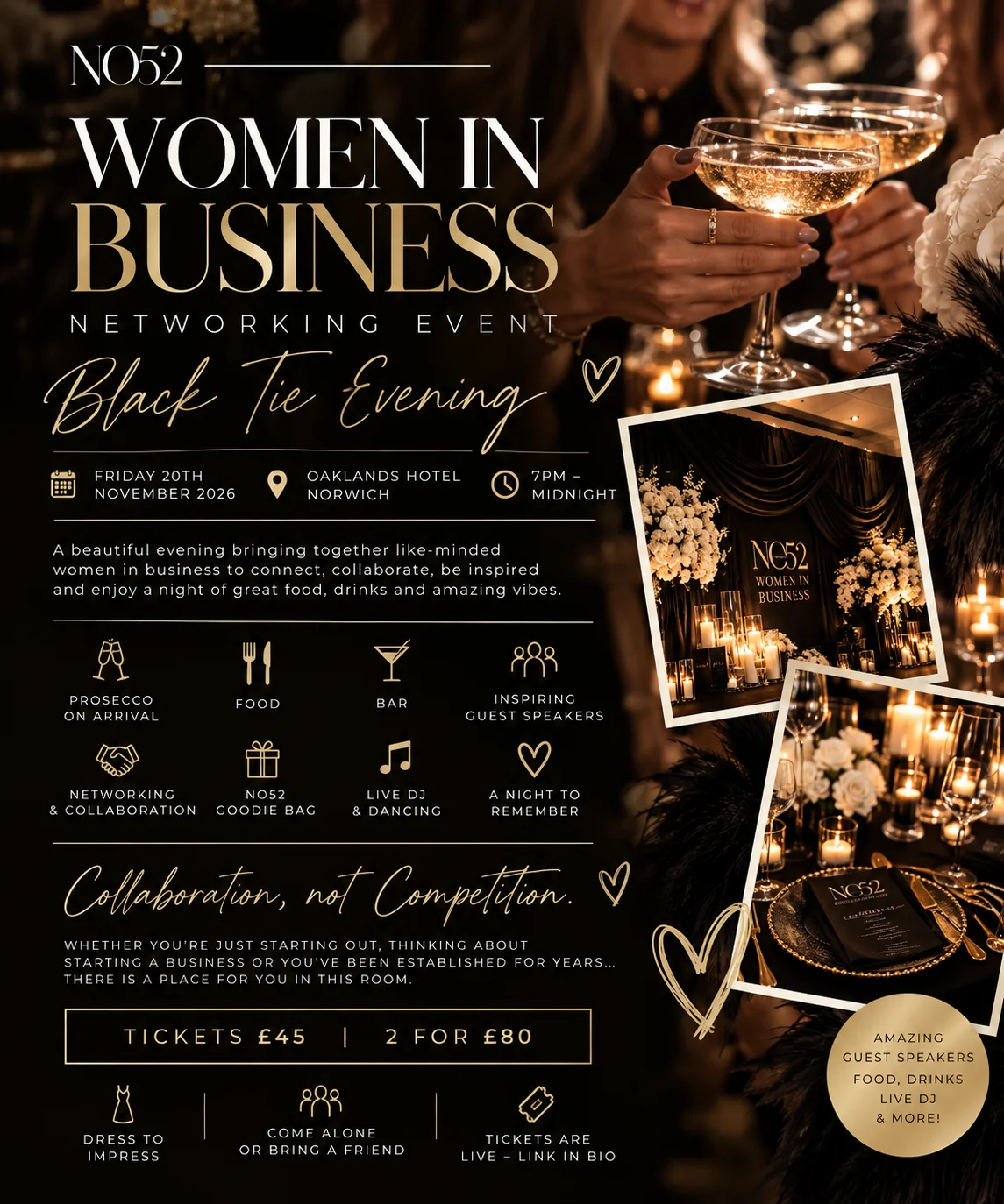Poster for the NO52 Women in Business networking event with the line Collaboration, not Competition, inviting women starting out, thinking about starting a business or established for years