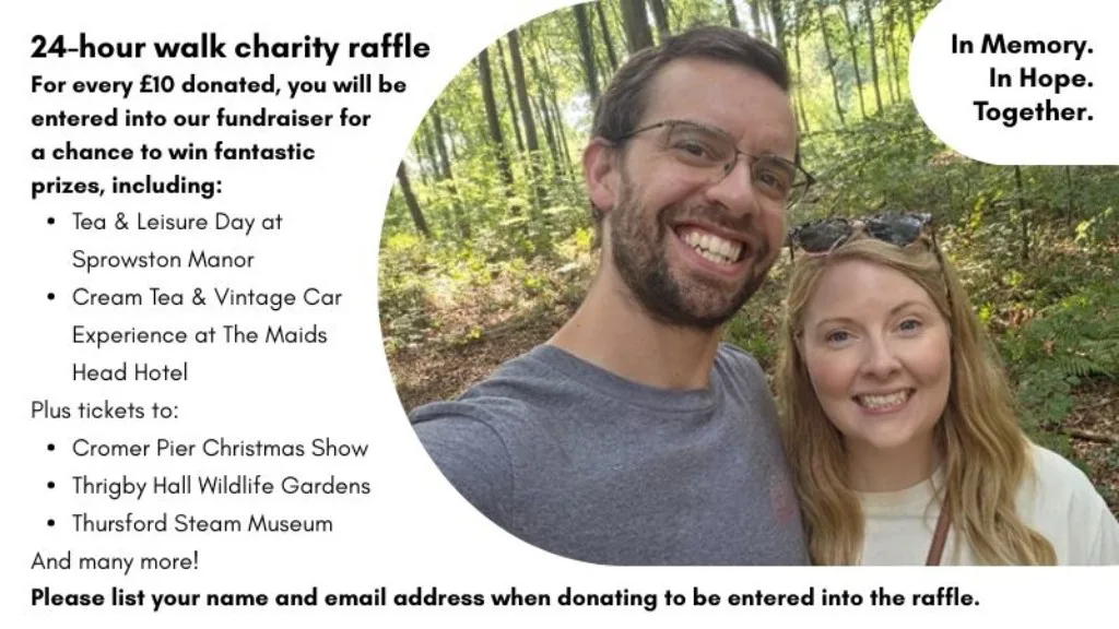 Joe and Tanya Rejek in woodland, on the poster for their 24-hour walk raffle