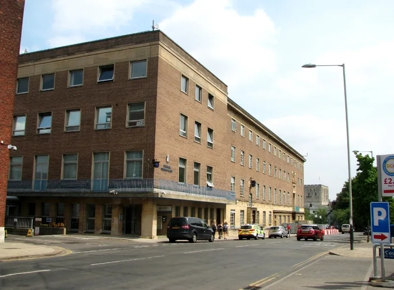 Norfolk Constabulary's police station on Bethel Street, Norwich. The photo does not show a stop and search.