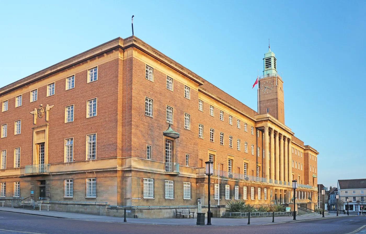 Norwich City Hall from Bethel Street. The proposals cover the lobby, the council chamber, the workspaces behind the facade and the clock tower