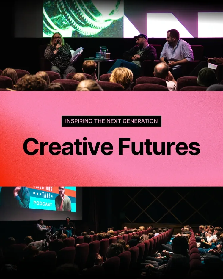 Poster for Norwich Film Festival's Creative Futures programme, with photographs of a panel talking on stage to a cinema audience above and below the title
