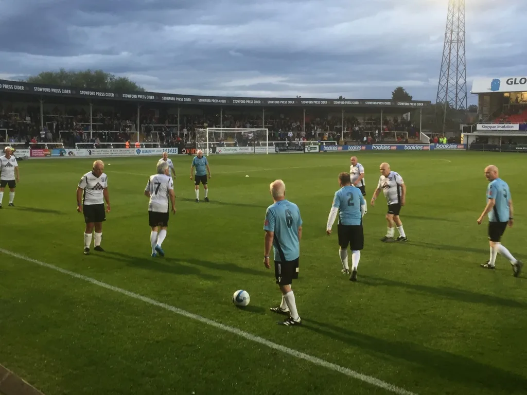 Walking football in play: Hereford FC's walking football team at a half-time demonstration in 2019. This is not Norwich Soca Seniors