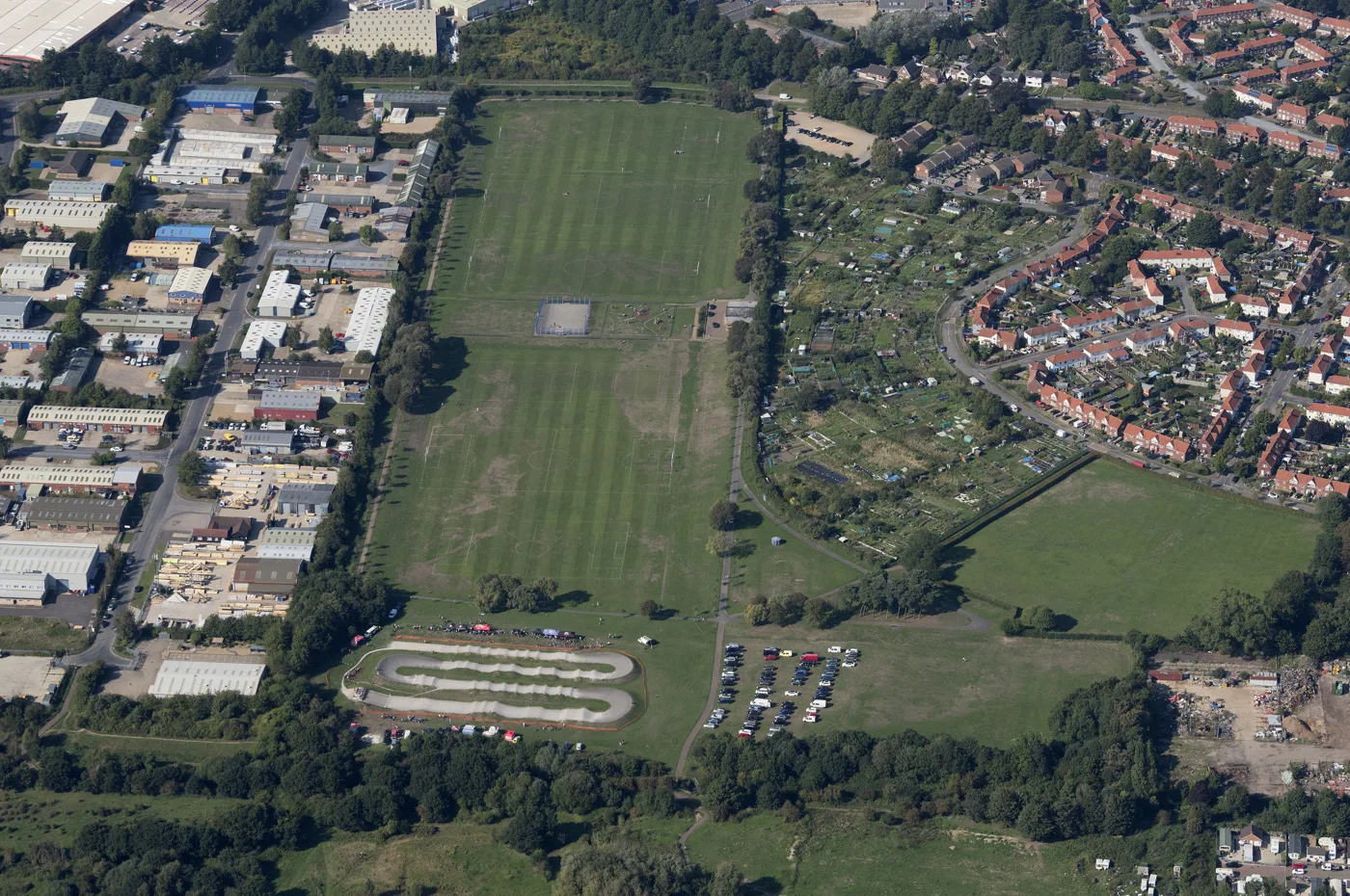 Sloughbottom Park from the air, with its grass pitches and BMX track